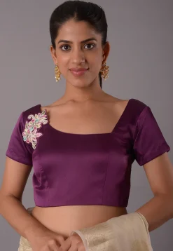 Embroidered Patch Satin Blouse in Dark Purple