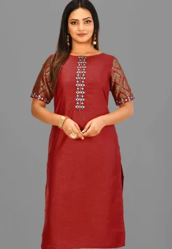 Embroidered Placket Art Silk Straight Kurta in Maroon