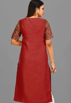 Embroidered Placket Art Silk Straight Kurta in Maroon