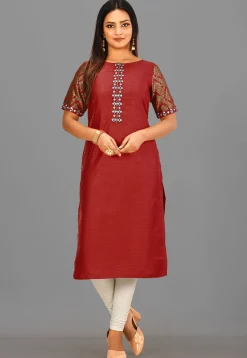 Embroidered Placket Art Silk Straight Kurta in Maroon
