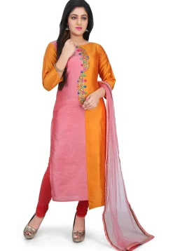 Embroidered Placket Cotton Silk Straight Suit in Pink