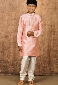 Embroidered Placket Dupion Silk Kurta Set in Peach