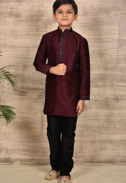Embroidered Placket Dupion Silk Kurta Set in Maroon