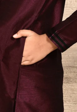 Embroidered Placket Dupion Silk Kurta Set in Maroon