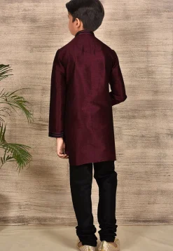 Embroidered Placket Dupion Silk Kurta Set in Maroon