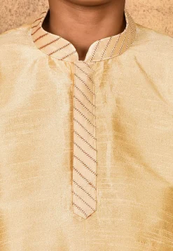 Embroidered Placket Dupion Silk Kurta Set in Light Beige