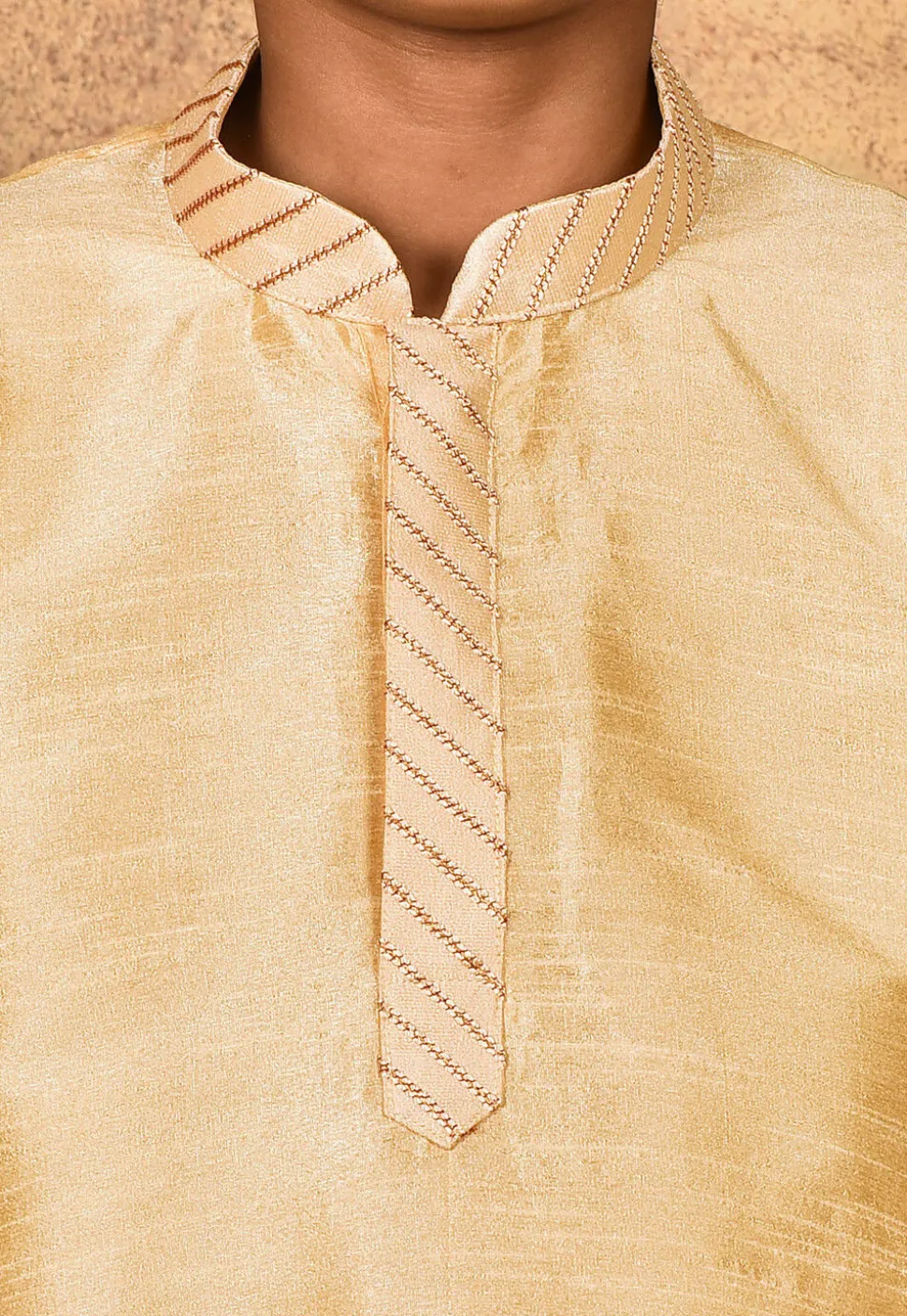 Embroidered Placket Dupion Silk Kurta Set in Light Beige