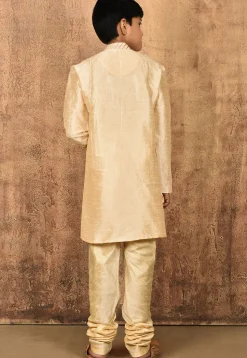 Embroidered Placket Dupion Silk Kurta Set in Light Beige