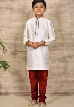 Embroidered Placket Dupion Silk Kurta in White