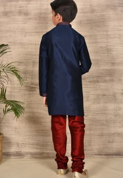 Embroidered Placket Dupion Silk Kurta Set in Navy Blue