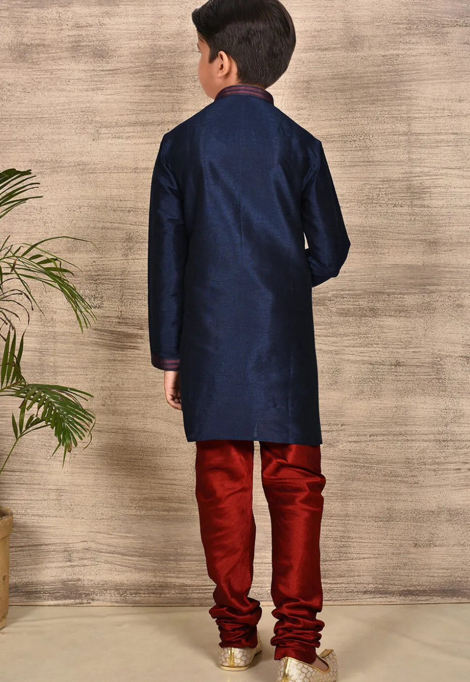 Embroidered Placket Dupion Silk Kurta Set in Navy Blue