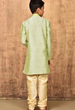 Embroidered Placket Dupion Silk Kurta Set in Pastel Green