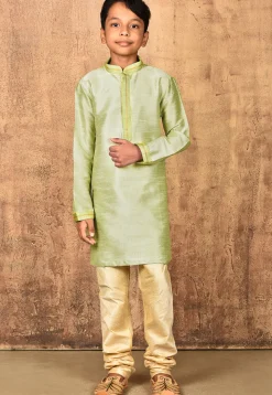 Embroidered Placket Dupion Silk Kurta in Pastel Green