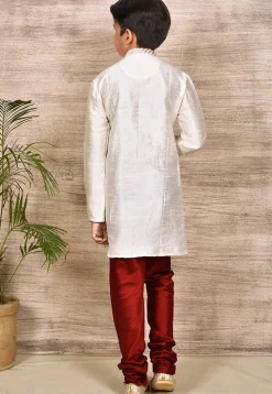 Embroidered Placket Dupion Silk Kurta Set in White