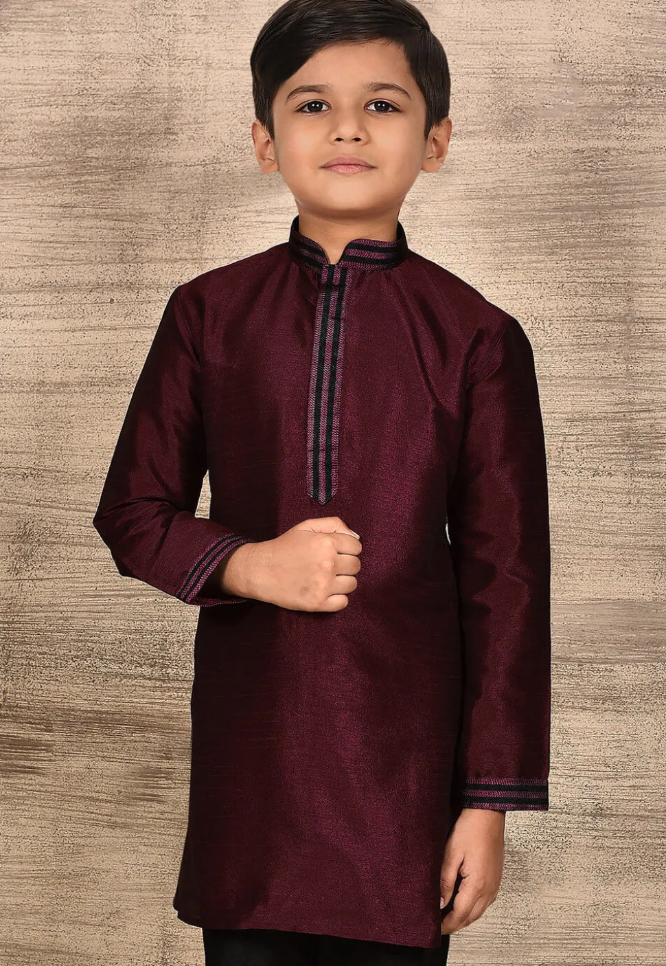 Embroidered Placket Dupion Silk Kurta in Maroon