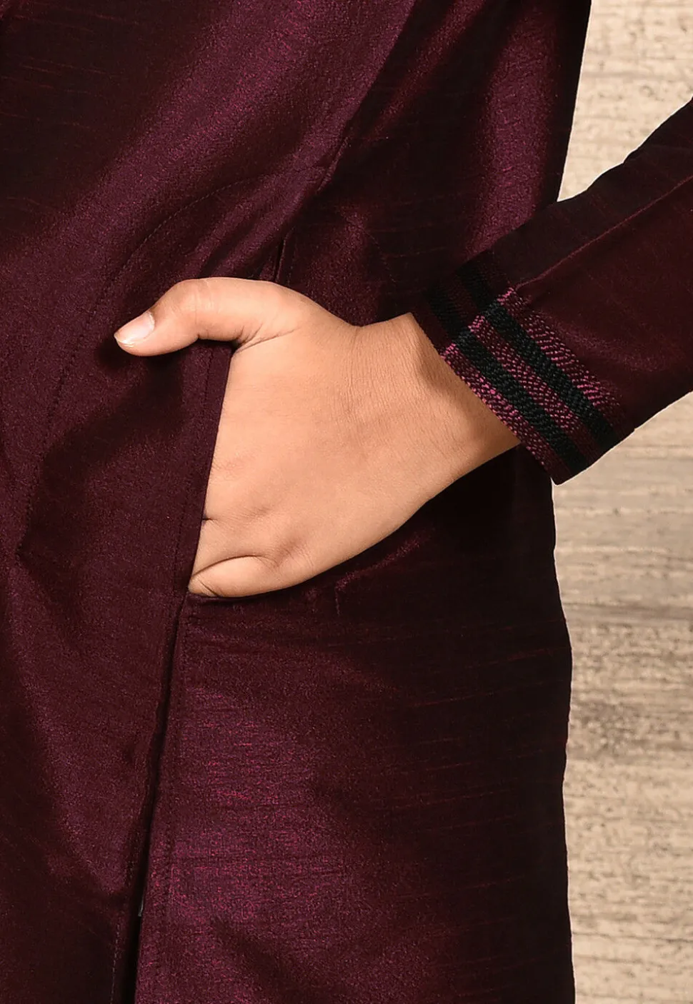 Embroidered Placket Dupion Silk Kurta in Maroon