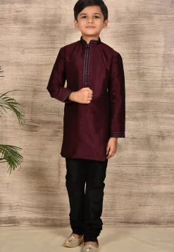 Embroidered Placket Dupion Silk Kurta in Maroon