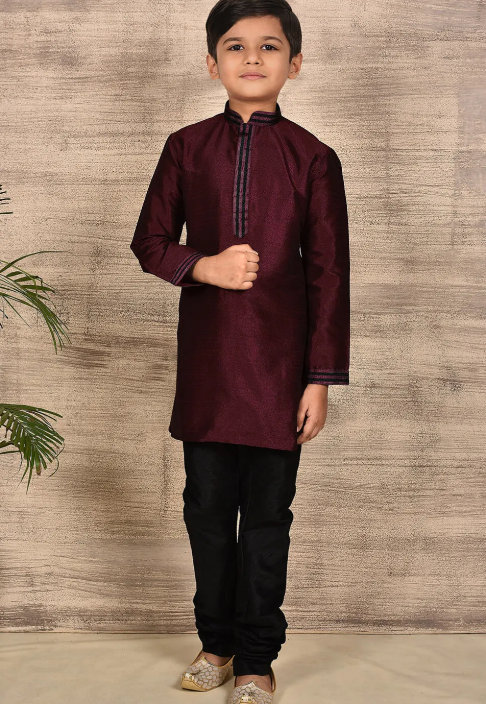 Embroidered Placket Dupion Silk Kurta in Maroon