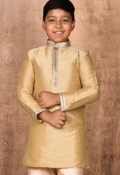 Embroidered Placket Dupion Silk Kurta in Beige