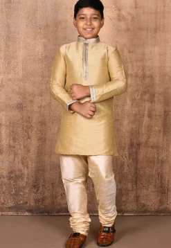 Embroidered Placket Dupion Silk Kurta in Beige