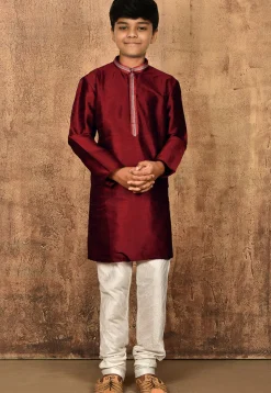 Embroidered Placket Dupion Silk Kurta Set in Maroon