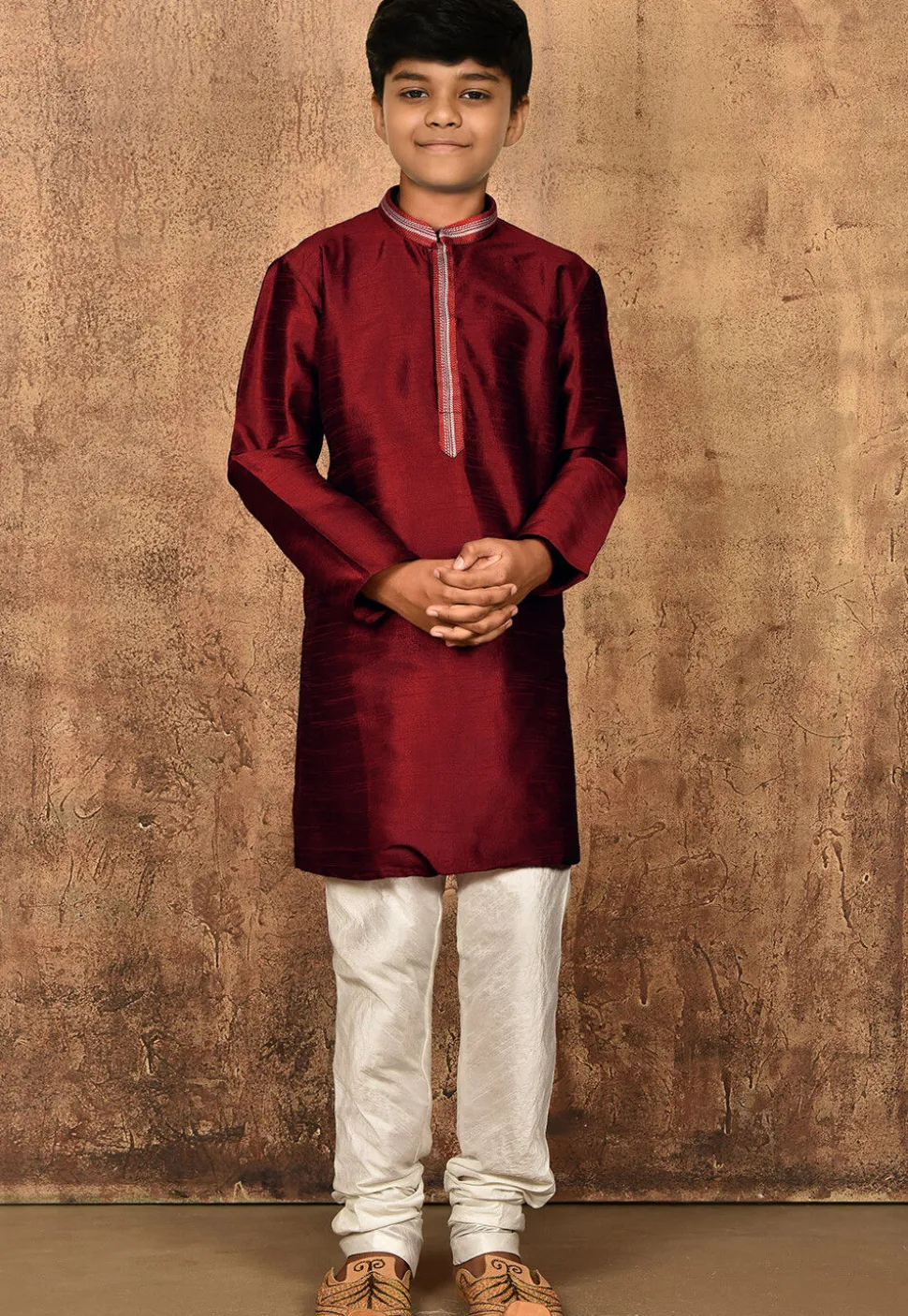 Embroidered Placket Dupion Silk Kurta Set in Maroon