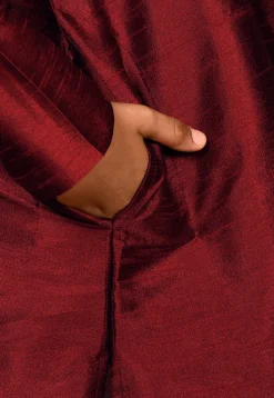 Embroidered Placket Dupion Silk Kurta Set in Maroon