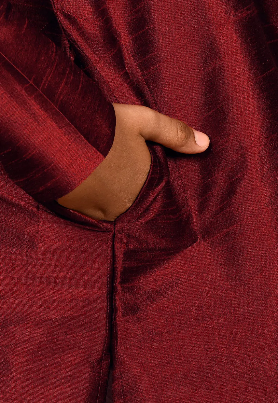Embroidered Placket Dupion Silk Kurta Set in Maroon