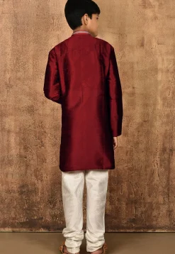 Embroidered Placket Dupion Silk Kurta Set in Maroon