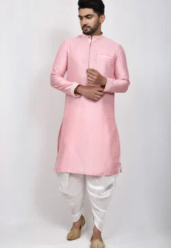 Embroidered Placket Dupion Silk Dhoti Kurta in Pink