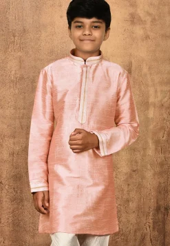 Embroidered Placket Dupion Silk Kurta in Peach