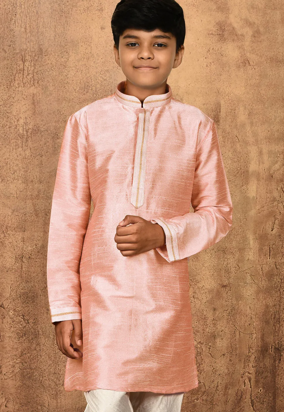 Embroidered Placket Dupion Silk Kurta in Peach