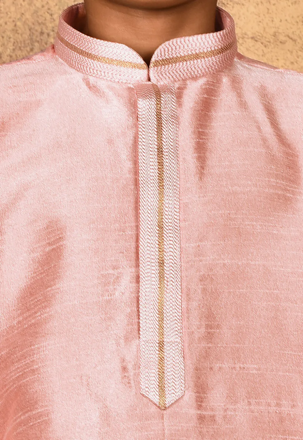 Embroidered Placket Dupion Silk Kurta in Peach