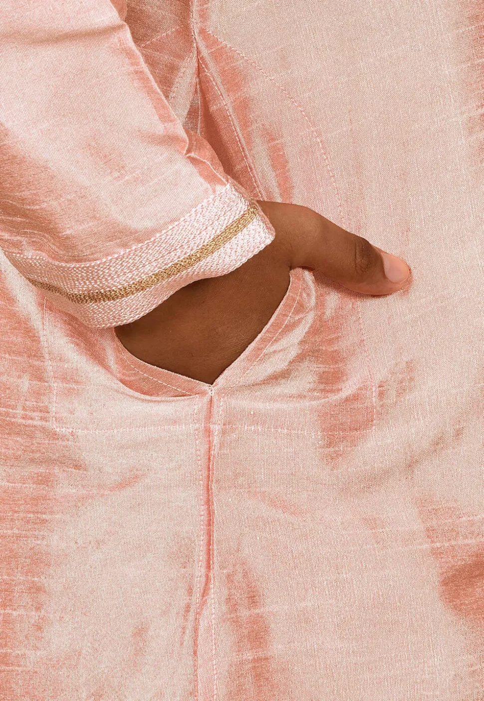 Embroidered Placket Dupion Silk Kurta in Peach