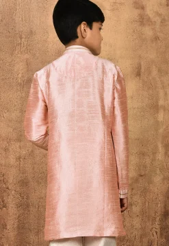 Embroidered Placket Dupion Silk Kurta in Peach