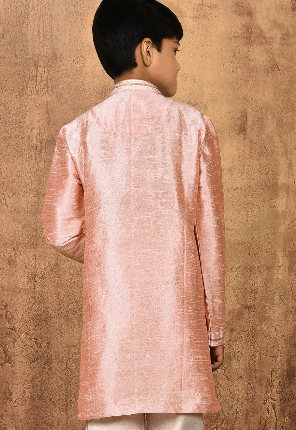 Embroidered Placket Dupion Silk Kurta in Peach