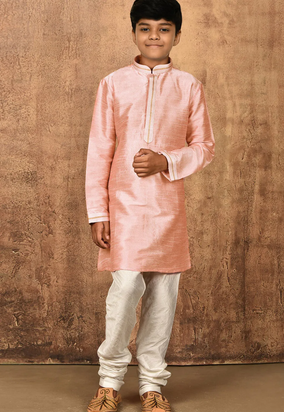 Embroidered Placket Dupion Silk Kurta in Peach