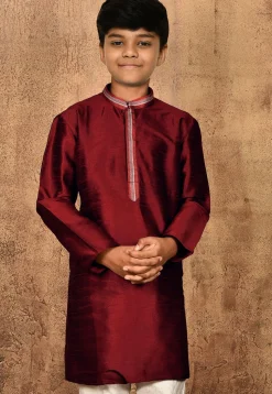 Embroidered Placket Dupion Silk Kurta in Maroon
