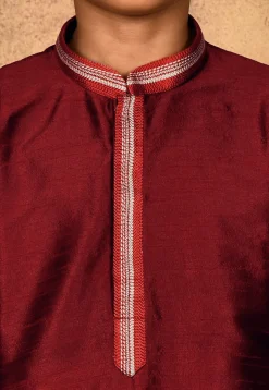 Embroidered Placket Dupion Silk Kurta in Maroon