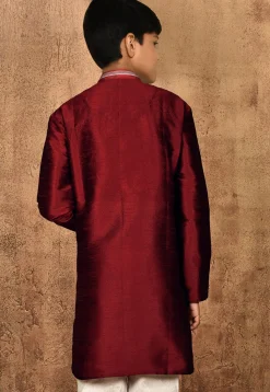 Embroidered Placket Dupion Silk Kurta in Maroon