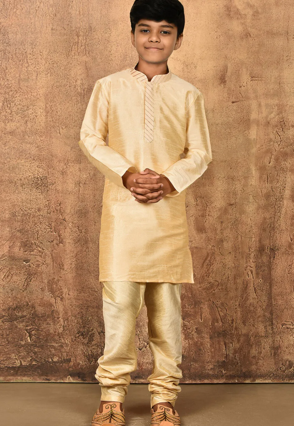 Embroidered Placket Dupion Silk Kurta in Light Beige