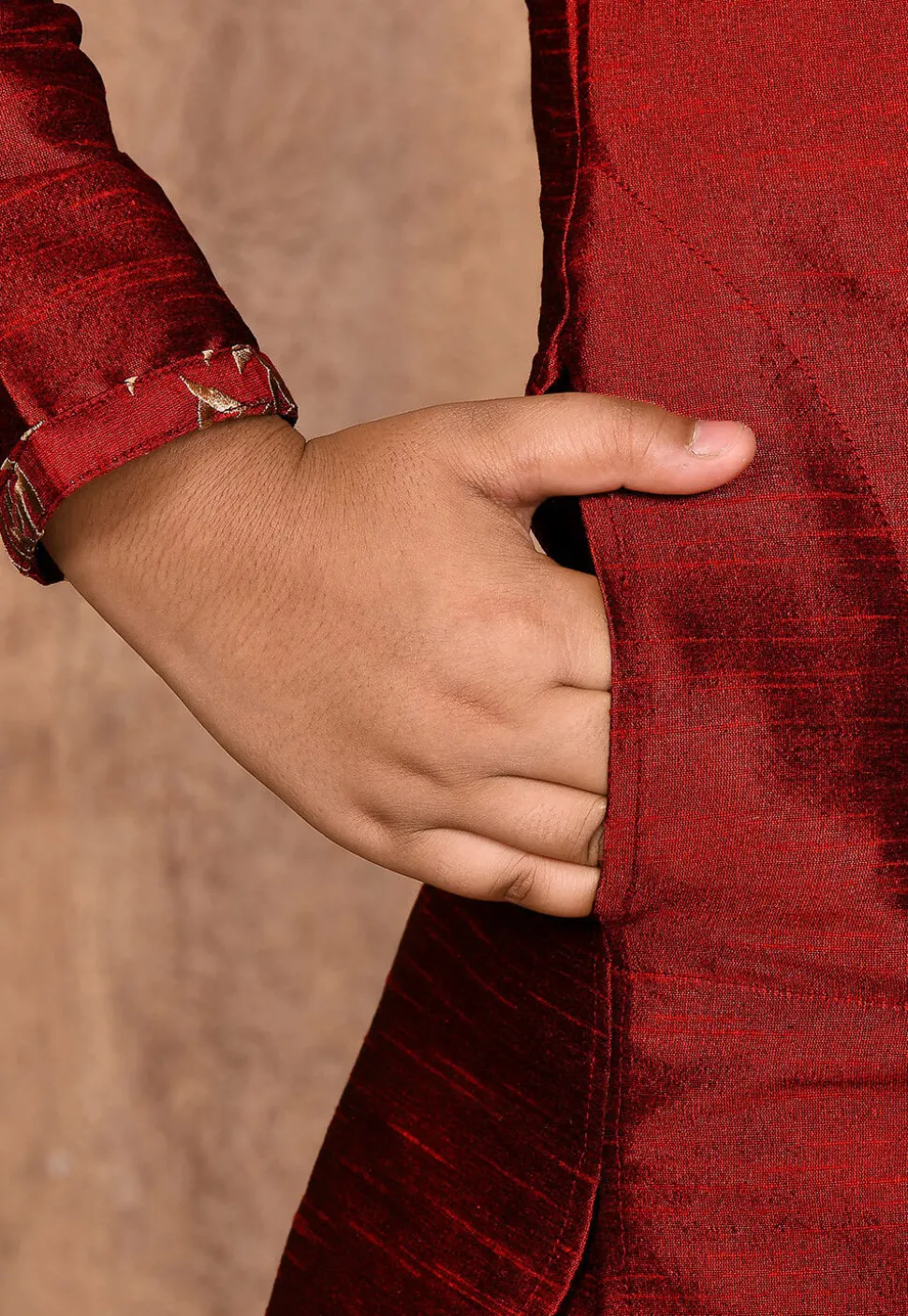 Embroidered Placket Dupion Silk Kurta in Maroon