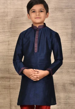 Embroidered Placket Dupion Silk Kurta in Navy Blue