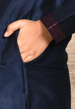Embroidered Placket Dupion Silk Kurta in Navy Blue