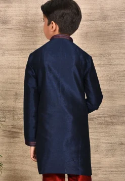 Embroidered Placket Dupion Silk Kurta in Navy Blue