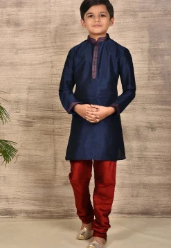 Embroidered Placket Dupion Silk Kurta in Navy Blue