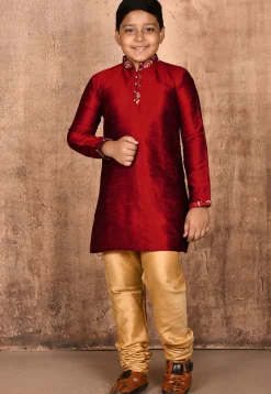 Embroidered Placket Dupion Silk Kurta Set in Maroon