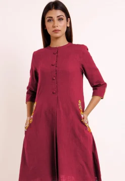 Embroidered Pocket Cotton Slub A Line Pleated Kurti in Magenta