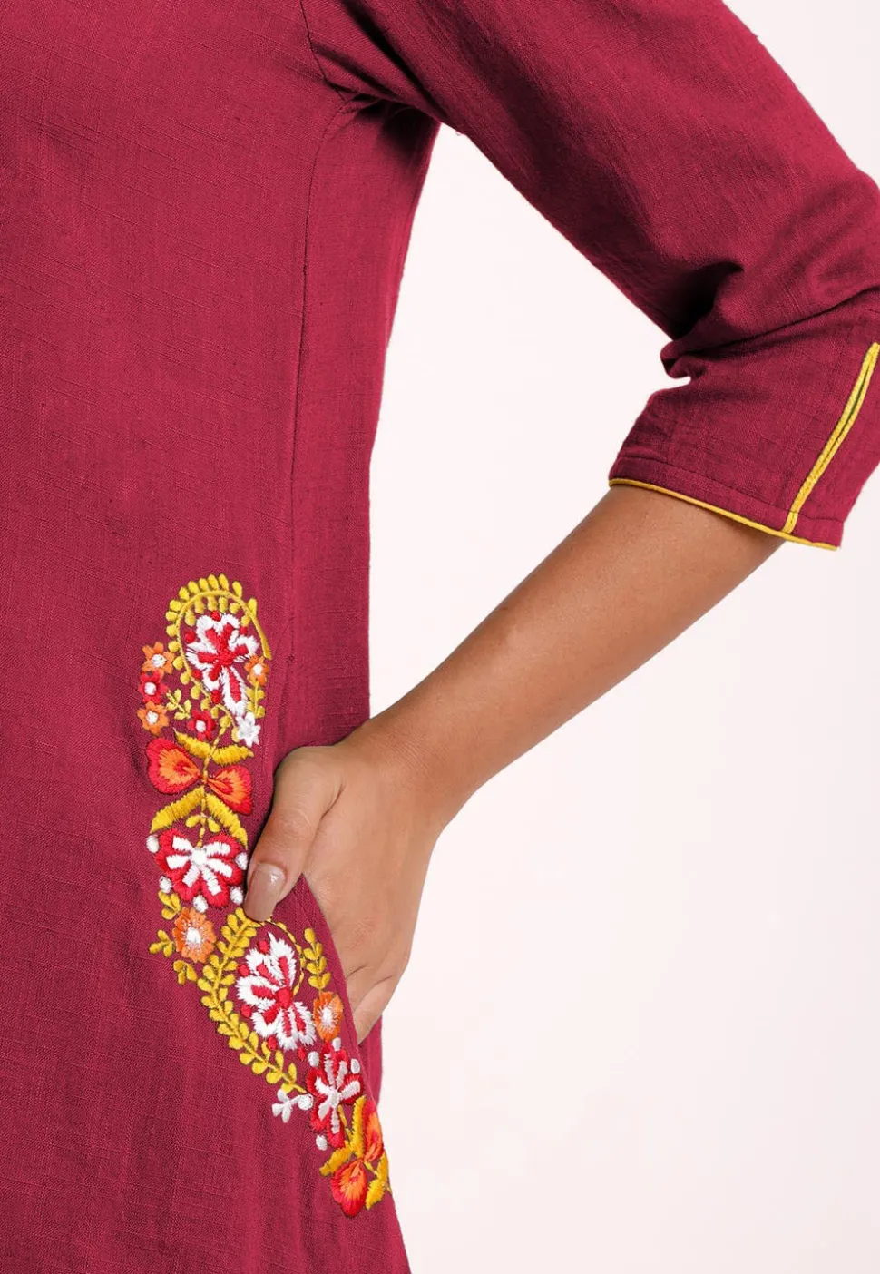 Embroidered Pocket Cotton Slub A Line Pleated Kurti in Magenta