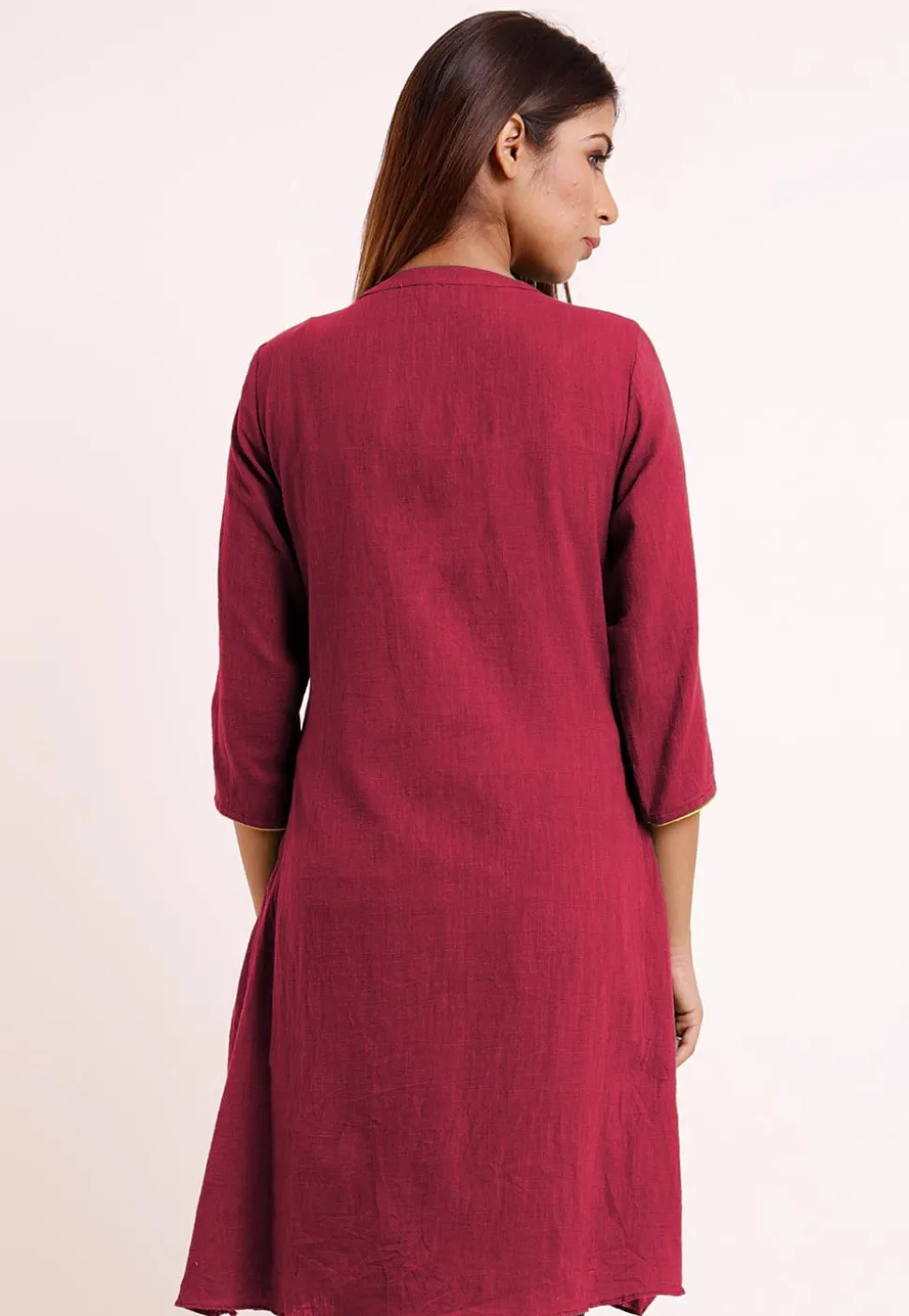 Embroidered Pocket Cotton Slub A Line Pleated Kurti in Magenta